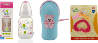 

Wahoo Premium 125ml Feeding Bottle With Cute Bottle Cover & Teether(Multicolor)