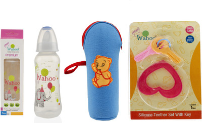 

Wahoo Premium 250ml Feeding Bottle With Cute Bottle Cover & Teether(Multicolor)