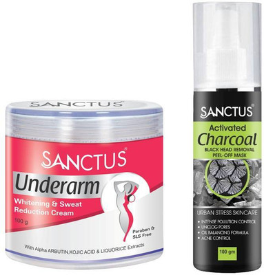 

SANCTUS Underarm Whitening & Sweat Reduction Cream AND Activated Charcoal Black Head Removal PEEL - OFF Mask Combo (100gm + 100ml)(Set of 2)