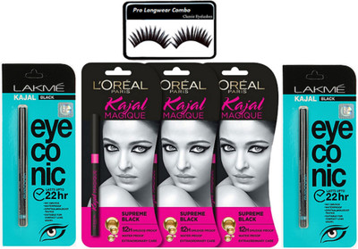 

Pro longwear combo Of Eyelashes, Eyeconic Deep Black Kajal Set Of 2 With Magique Kajal Set Of 3(Set of 6)