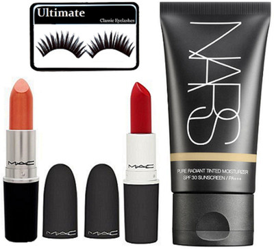 

Ultimate Eyelashes, Radiant Sunscreen, Mac Red & Orange Lipsticks(Set of 4)