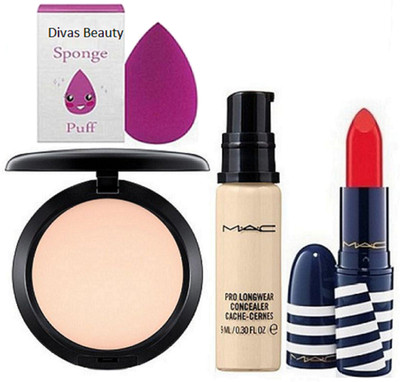

divas beauty sponge puff & Mac Studio Fix Compact & mac Pro Long Wear Concealer& Lipstick(Set of 4)
