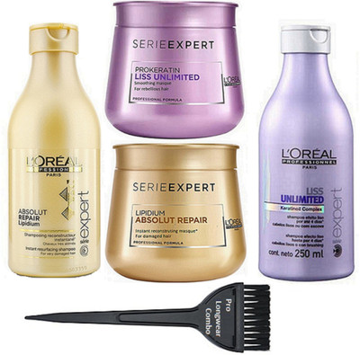 

Pro longwear combo Of Hair Brush, L'oreal Absolut Repair Lipidium Hair Shampoo With Liss Unlimited Shampoo & 2 SerieExpert Masque(Set of 5)