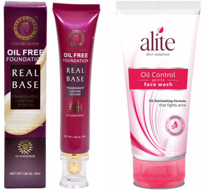 

COLORS QUEEN Real Base Oil Free BB+ Transparent Foundation with Alite Oil Control face wash combo(Set of 2)