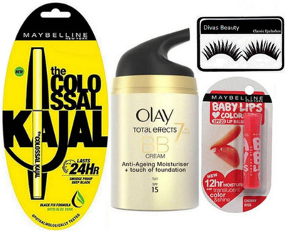 

divas beauty Eyelashes & New York colossal kajal &Baby lips cherry kiss lip balm & Olay Total Effects 7 in one spf 15 Anti-Ageing cream(Set of 4)