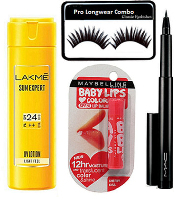 

Pro longwear combo Of Eyelashes, Lakme Sun Expert Light Feel SPF 24++ Sun Lotion With Cherry Kiss Lipbalm & Mac Pen Eyeliner(Set of 4)
