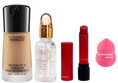 

Pro longwear combo Sponge Puff, Mac Minerlize SPF 15 Liquid Foundation,Smoothing Perfecting Radiance Face Primer Gel 30 ml with Matte Finish Long lasting Liptensity claret Cast Lipstick(Set of 4)