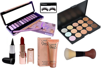 

Ultimate Eyelashes, Naked 4 Eyeshadow Palette, Lakme 9 To 5 Mousse Foundation, Red Lipstick, 15 Shade Concealer Palette, Stick Kajal, Make Up Brush(Set of 7)