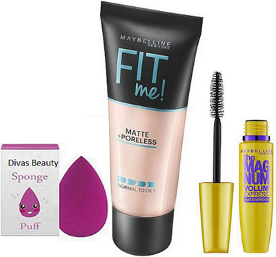 

divas beauty sponge puff & new york fit me Matte+Poreless Liquid Foundation & new york the magnum volum waterproof mascara(Set of 3)