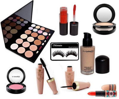 

Ultimate Eyelashes, 9 To 5 Eyeliner & Mascara, One Shade Blusher Compact, Hyper real SPF Foundation, Studio Fix Face Powder Compact, 20 Shade Concealer Palette (L20), Red Lipstick & Lipgloss Of Mac(Set of 9)