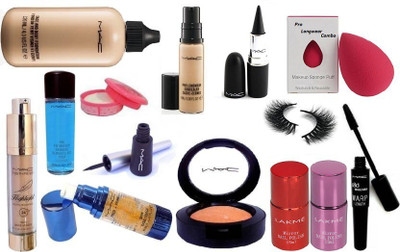 

Pro longwear combo eyelashes, Mac Orange Blusher, Face and Body Foundation 120ml, Black Stick Kajal, Lipstick, Skin Base Primer, Highlighter, Lakme Mirror Nail Polish Set Of 2 + Nail Polish Remover, Eyemakeup Remover, Pro Longwear Concealer, Liquid Eyelin