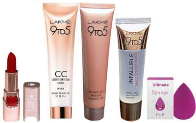 

Ultimate Sponge Puff,LAkme 9to5 Weighless Mousse Foundation With Infallible mattyfying Base Primer With CC Color Transefrom Cream SPF 30 PA++ & matte finish Lipstick(Set of 5)