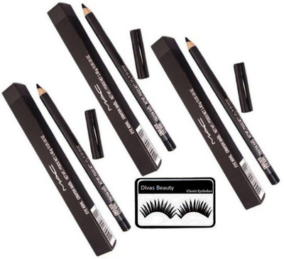 

divas beauty eyelashes & mac Pencil kajal ( pack of 3 )(Set of 4)