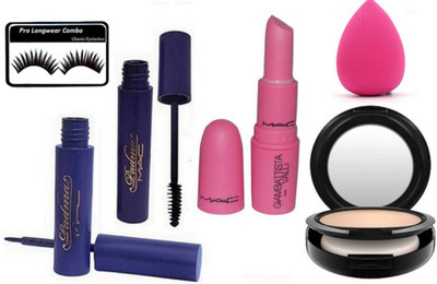 

Pro longwear combo Eyelashes , Studio Fix Compact of Mac , Padma Eyeliner & Mascara with Giambattista Valli Real Doll Pink Lipstick & Puff(Set of 6)