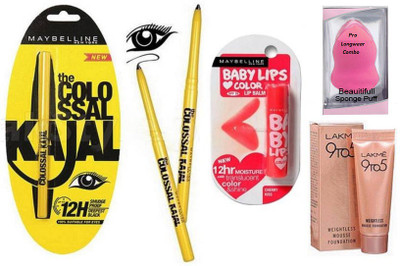 

Pro longwear combo Sponge Puff&Colossal Kajal pack Of 3&Newyork Cherry Kiss Lipbalm&9 to5 Weightless Mousse(Set of 6)