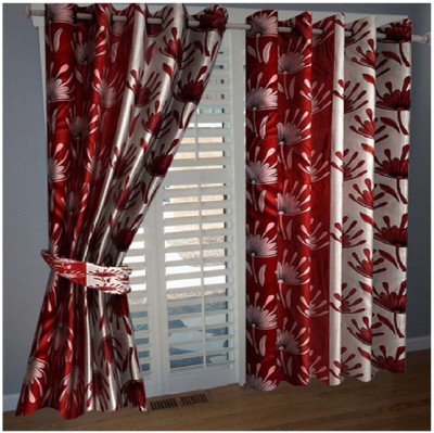 Panipat Textile Hub 274 cm (9 ft) Polyester Semi Transparent Long Door Curtain (Pack Of 2)(Floral, Red)