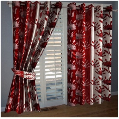 Phyto Home 213 cm (7 ft) Polyester Semi Transparent Door Curtain (Pack Of 2)(Floral, Red)