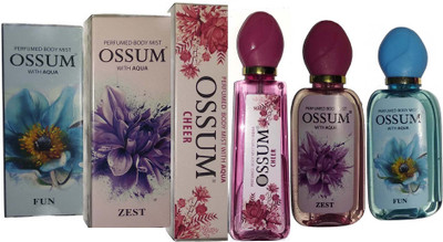 

OSSUM ZEST BODY PERFUME MIST + FUN BODY PERFUME MIST + CHEER BODY PERFUME MIST ( 115×3 Pack Of 3 ) Deodorant Spray - For Men & Women(345 ml, Pack of 3)