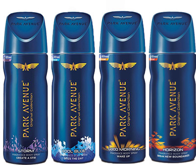 

Park Avenue GOOD MORNING DEODORANT SPRAY 150 ML +STORM DEODORANT SPRAY 150 ML +COOL BLUE DEODORANT 150 ML+HORIZON DEODORANT 150 ML Deodorant Spray - For Men & Women(150 ml, Pack of 4)