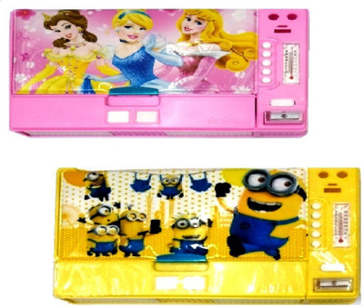 

S2KCrafts Barbie & Minon S2KC-1022 Barbie & Minon, 8 Buttons Jumbo Magnet Art Plastic Pencil Boxes(Set of 2, Pink, Yellow)