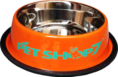 Petshop7 Stylish - Regular Anti Skid Dog Food Bowl / Dog Bowl (900ML, Orange) (Medium) Round Stainless Steel Pet Bowl(900 ml Orange)
