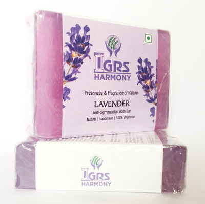 

IGRS Harmony Natural Lavender Soap 100g with pure essential oils and herbal extracts of Aloe Vera & Cucumber, Parabens and Sulphate free, handcrafted to provide an acne & scar free skin with a great fragrance of Lavender (Pack of 2)(200 g, Pack of 2)