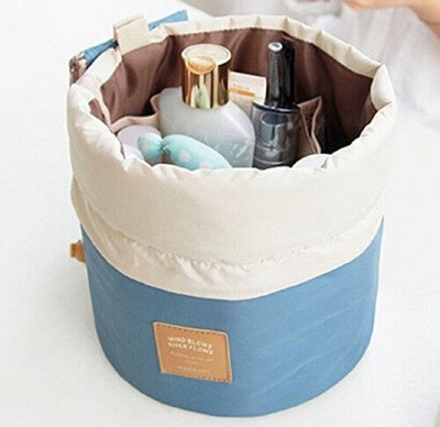 

JustChhapo Multifunctional Barrel Shaped Travel Cosmetic Bag Large Drawstring Hanging Toiletry Packing Organizer Bag with Mini Zipper Jewelry Pocket and Clear PVC Pouch for Make-up Brush(Blue)
