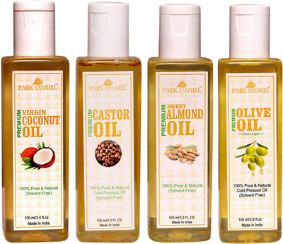 

Park Daniel Premium Virgin Coconut oil, Olive Oil and Castor oil and Sweet Almond oil Combo of 4 bottles of 100 ml(400ml)(400 ml)