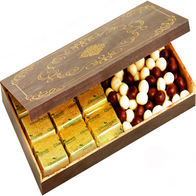 

Ghasitaram Gifts Chocolate Hampers- Wooden 9 Pcs Chocolate and Nutties Box Brittles(230 g)