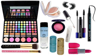 

Pro longwear combo Mac 78 Makeup Palette +Two Makeup brush, Eyelashes, Mac Lightful Two Way Mirror Compact With Pink Shade Blusher & Mac Glitter Off White Eyeliner, Long Lasting Matte Finish Lipstick & Haute & Naughty Two in One Mascara & Deep Black Pen E