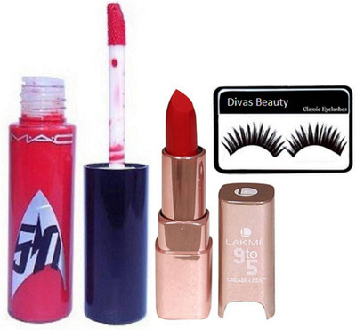 

divas beauty eyelashes & mac Star Trek Red Lip Gloss (No.10) & 9 to 5 matte finish red lipstick(Set of 3)