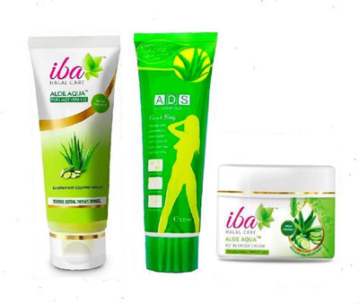 

iba halal care ALOE AQUA COMBO WITH NO BLEMISH CREAM-ALOE AQUA GEL AND 100 % NATURAL FACE & BODY SCRUB PACK(Set of 3)