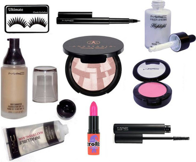 

Ultimate Eyelashes With Mac Matchmaster Foundation & Prep+Prime Highlighter,Zoom Lash Mascara,Pen Eyeliner With Pink Shade Blusher & matte Finish long lasting Lipstick,Infallible Primer With Anastasia Illuminator(Set of 9)