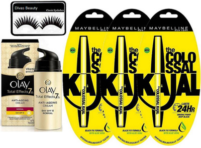 

divas beauty eyelashes & Olay Total Effects 7 in one spf 15 cream & NEW YORK Colossal kajal set of 3(Set of 5)