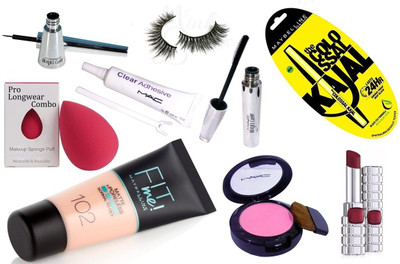 

Pro longwear combo sponge puff,Brooke candy eyeliner and mascara , Fit Me Matte +Poreless foundation , mac pink shade blusher , colossal kajal ,mac clear adhesive lash fix, L'oreal lipstick, Eyelashes(Set of 9)