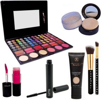 

Pro longwear combo Make Up Brush Set Of 2, Anastasia Loose Powder Compact & Foundation, Zoom Lash Mascara, Pink Lipgloss, Mac Professional 78 Shade Make Up Palette(Set of 7)