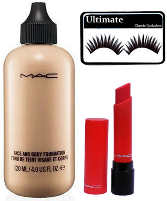 

Ultimate Eyelashes, Mac Face And Body Foundation, Liptensity Red Lipstick(Set of 3)