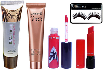 

Ultimate Eyelashes, Lakme 9 To 5 Infallible Primer & Mousse Foundation (29g), Red Lipstick & Lipgloss(Set of 5)