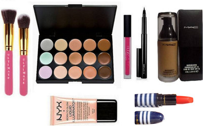 

Ultimate Makeup Brush With Mac Concealer Palette Mineralize Foundation & Pen Eyeliner,matte finish long lasting lipstick & NYX Born to Glow Illuminator,Huda Beauty Lip gloss(Set of 7)
