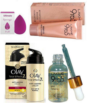 

Ultimate Sponge Puff With 9to5 gold radiance youth infinity skin scilpting face serum With Weightless Mousse Foundation & olay Total Effect 7 in one anti-ageing Cream(Set of 4)