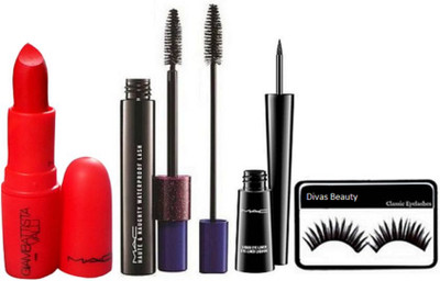 

divas beauty Eyelashes & Mac Giambattista Valli Matte Russian Red Lipstick & Mac Haute & Naughty Mascara & Mac Liquid Last Eyeliner(Set of 4)