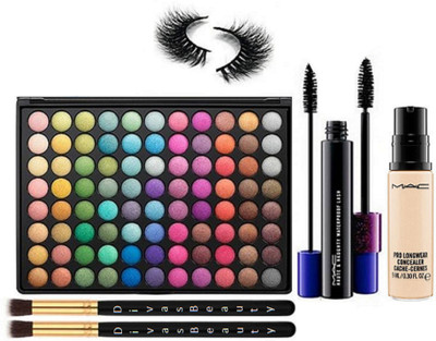 

divas beauty makeup brush 2 pcs & mac professional 88 shade multi color eyeshadow palette & mac haute & naughty waterproof mascara & mac pro longwear liquid concealer & eyelashes(Set of 6)