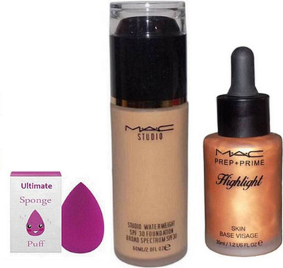 

Ultimate Sponge Puff & Water Weight Foundation 60 ml,Prep +Prime Highlight Skin Base Visage(Set of 3)