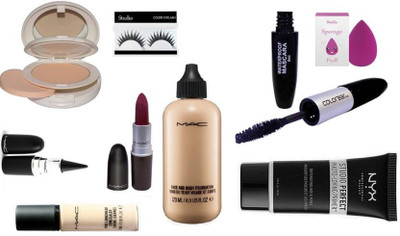 

Pro longwear combo Eyelashes With sponge puff Mac face and body foundation and lightful compact, stick Black kajal with Pro Longwear concealer & matte finish long lasting lipstick With Nyx perfect Face Primer Gel and Colorbar Eyeliner And 2 in 1 mascara(S