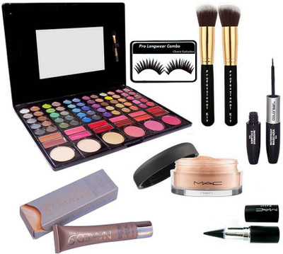 

Pro longwear combo Eyelashes, Mac Professional 78 Shade Eyeshadow Palette + Two Makeup Brush, Loose Powder, Colorbar 2 in 1 Eyeliner+Mascara & Nake9 BB Cream & Black Stick Kajal(Set of 8)