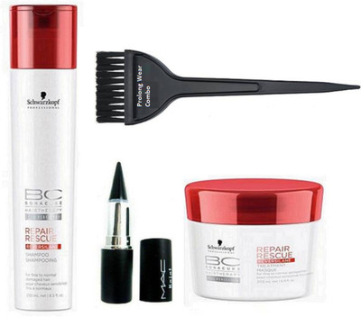 

Pro longwear combo Hair Brush, Bona Cure Repair Rescue Shampoo & Hair Treatment Masque With Stick Kajal(Set of 4)