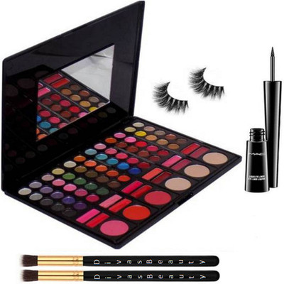 

divas beauty makeup brush 2 pcs & mac professional 78 shade eyeshadow palette & mac liquid last eyeliner & eyelashes(Set of 5)