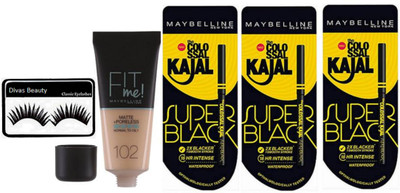 

divas beauty eyelashes & new york fit me matte +porelesss foundation & new york super black kajal 3pcs(Set of 5)