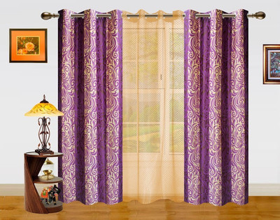 7% OFF on Dekor World 275 cm (9 ft) Polyester Long Door Curtain (Pack Of 3)(Striped, Purple, Beige)