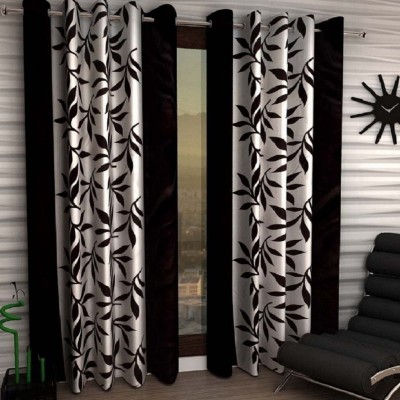 Panipat Textile Hub 274 cm (9 ft) Polyester Semi Transparent Long Door Curtain (Pack Of 2)(Floral, Black)
